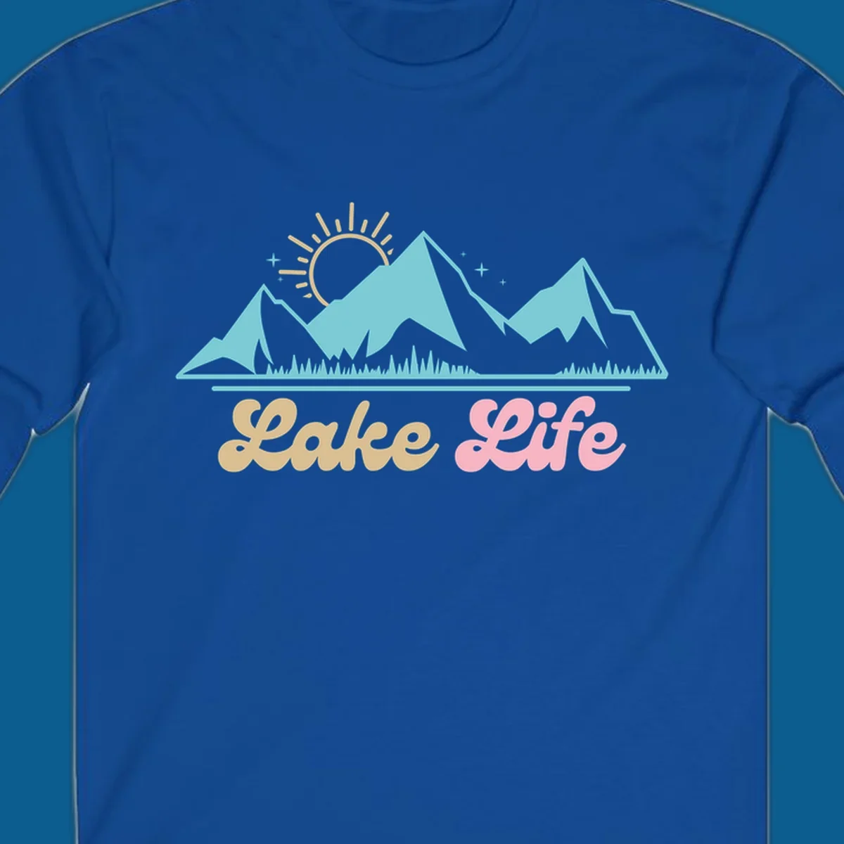 Lake Life mountains sunset illustration with text.