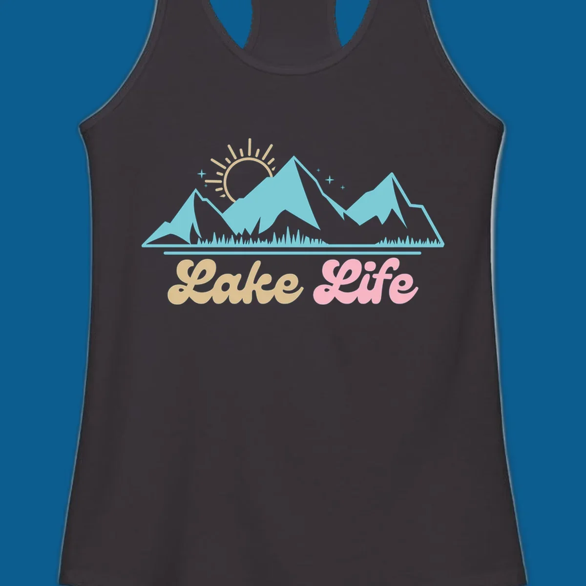 Lake Life mountains sunset illustration with text.