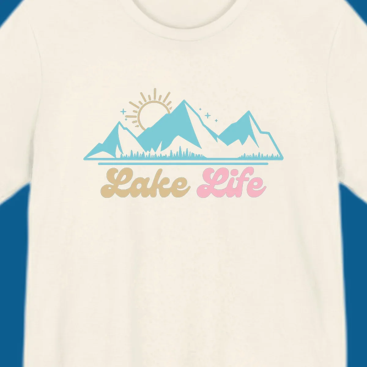 Lake Life mountains sunset illustration with text.