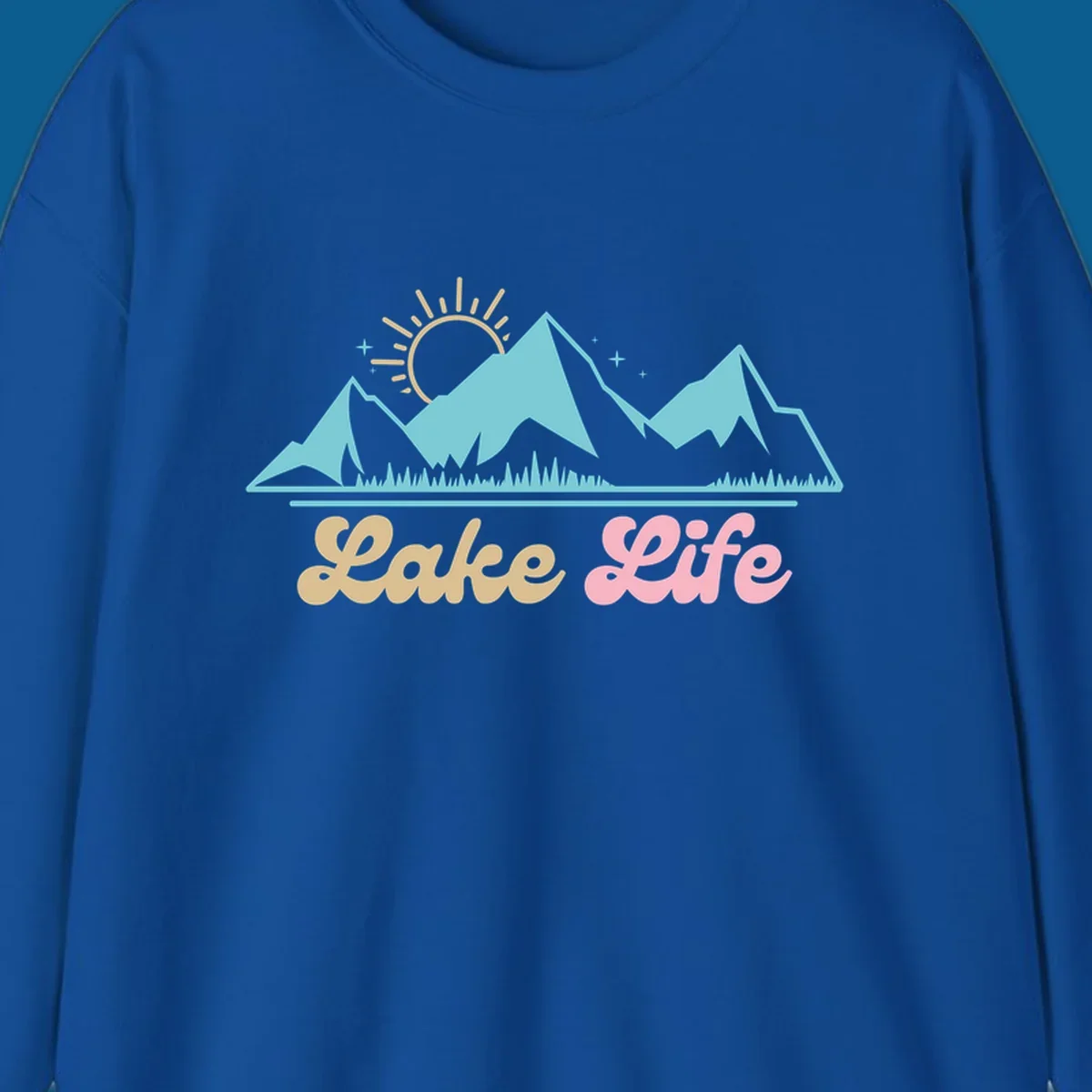 Lake Life mountains sunset illustration with text.