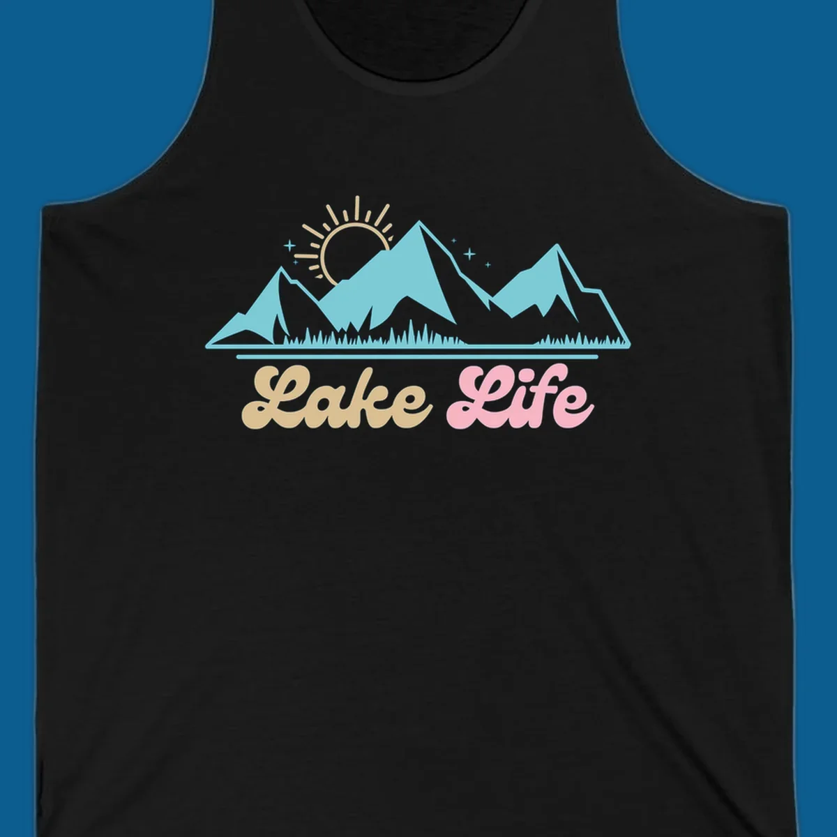 Lake Life mountains sunset illustration with text.