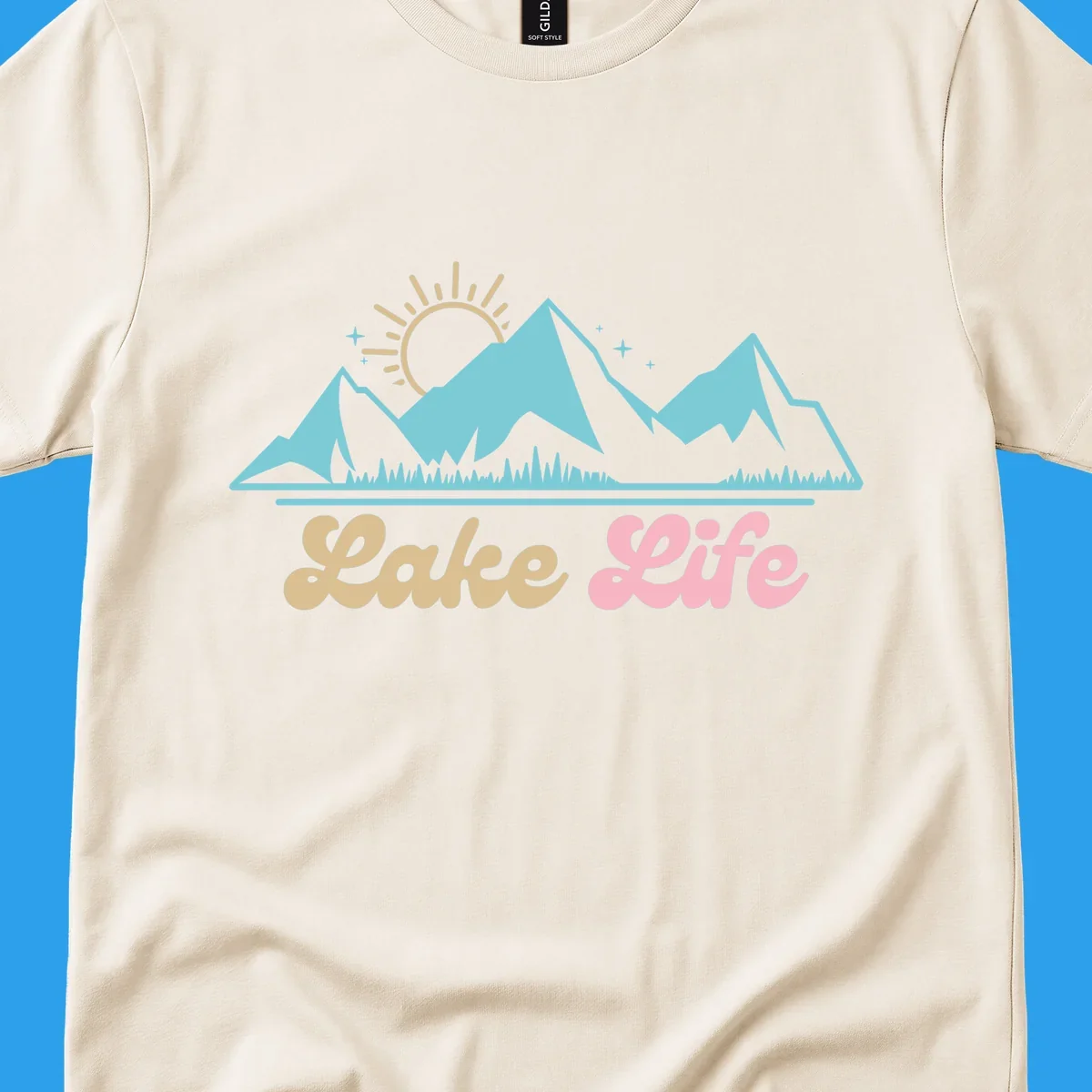 Lake Life mountains sunset illustration with text.