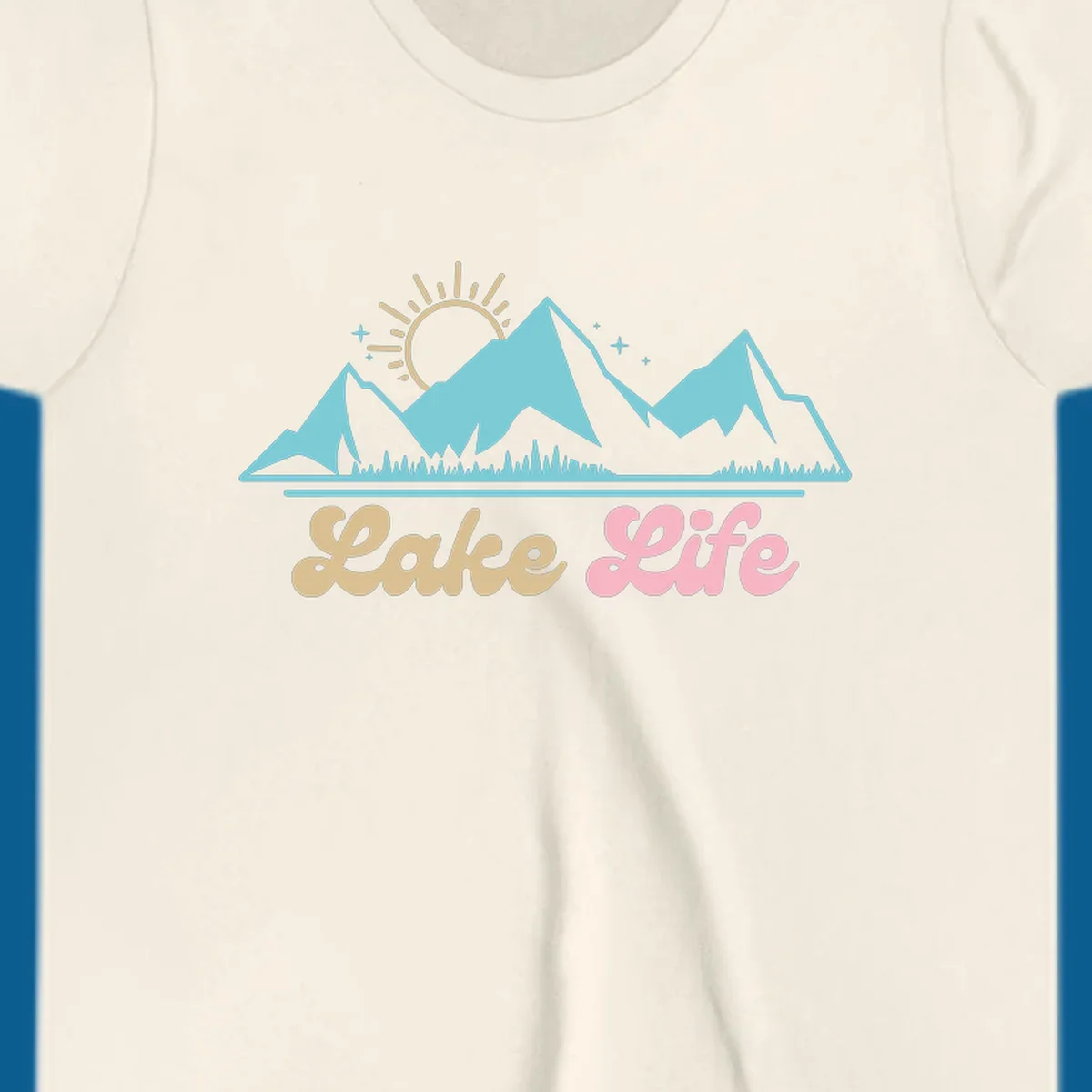 Lake Life mountains sunset illustration with text.