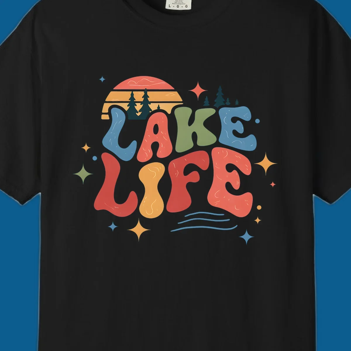Retro lake life typography design with sunset and stars.