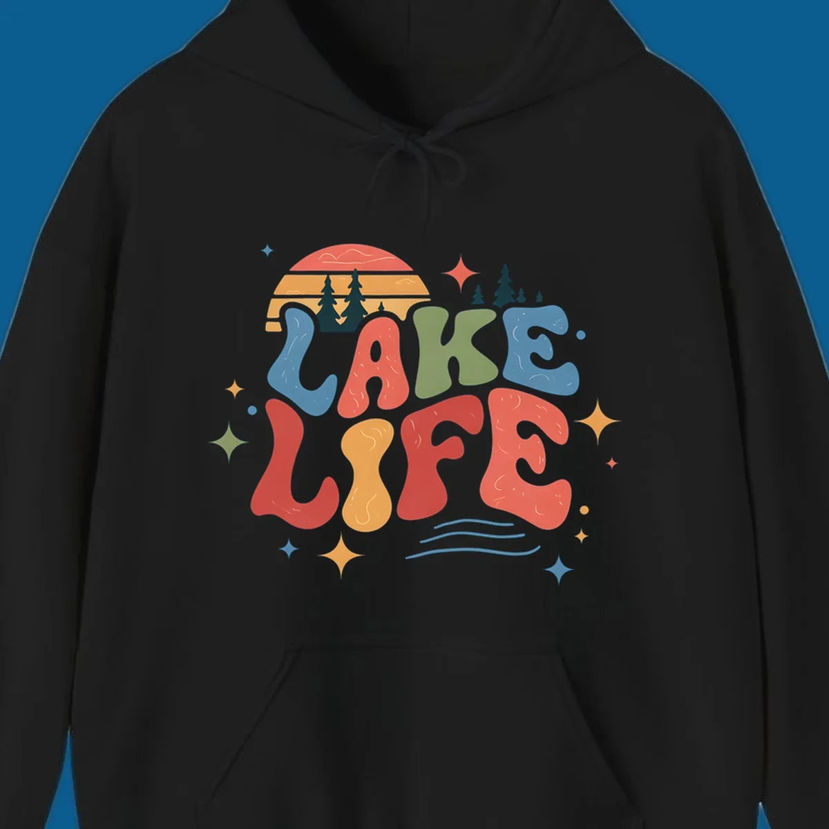 Retro lake life typography design with sunset and stars.