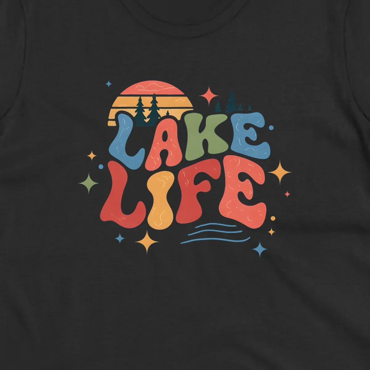 Retro lake life typography design with sunset and stars.