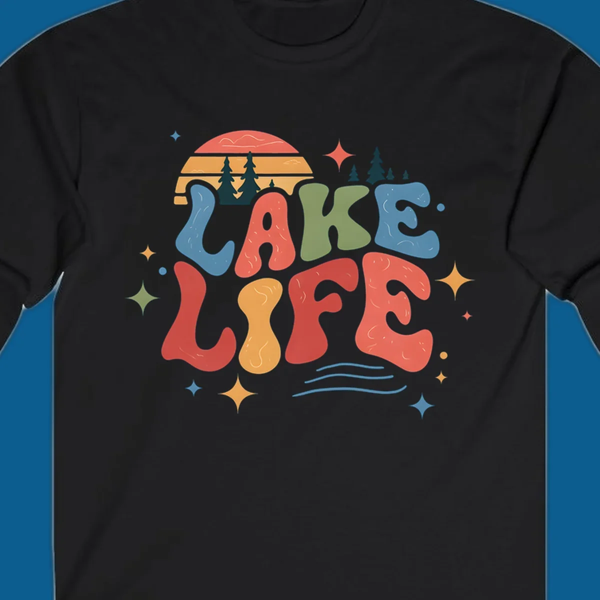 Retro lake life typography design with sunset and stars.