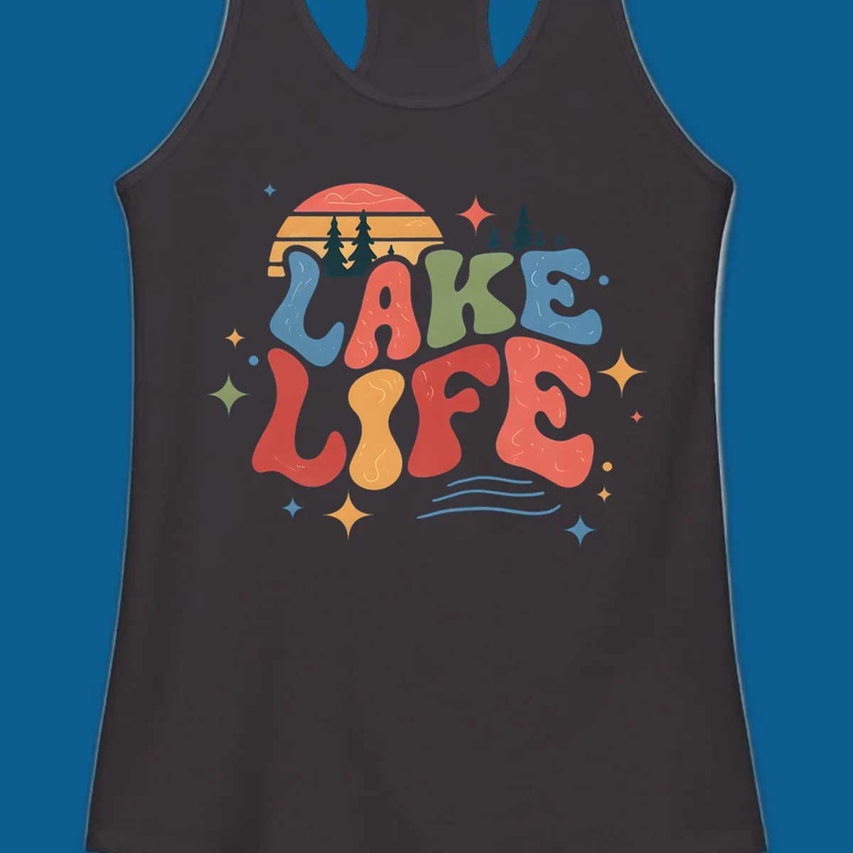 Retro lake life typography design with sunset and stars.