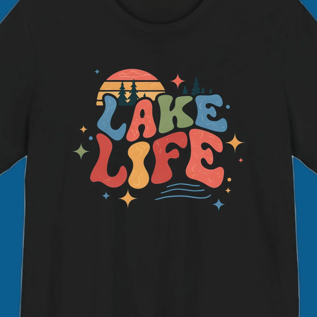Retro lake life typography design with sunset and stars.