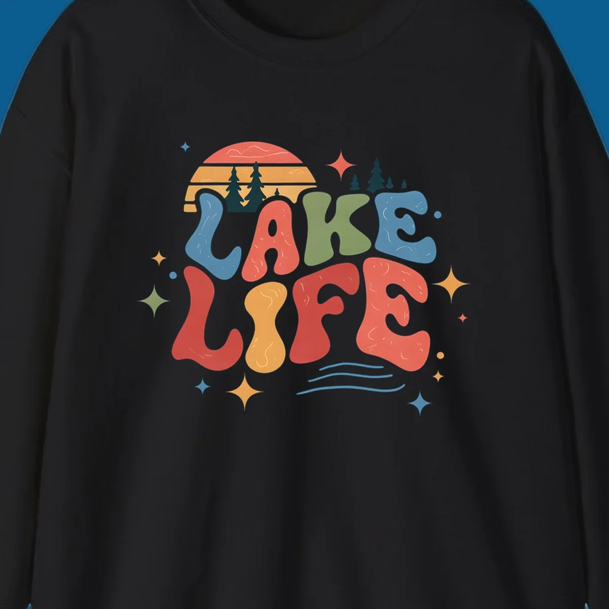 Retro lake life typography design with sunset and stars.