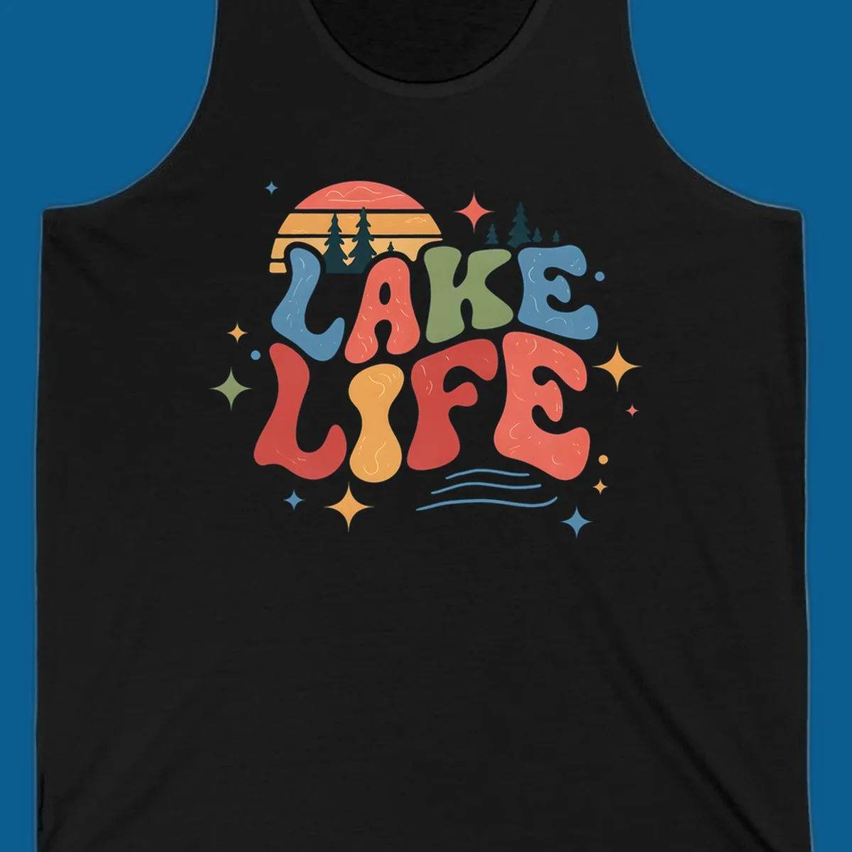 Retro lake life typography design with sunset and stars.