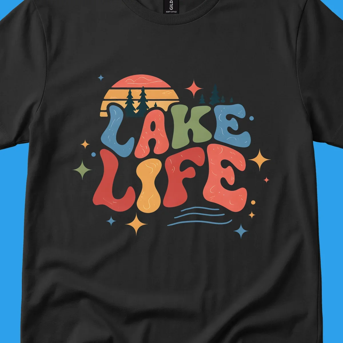 Retro lake life typography design with sunset and stars.