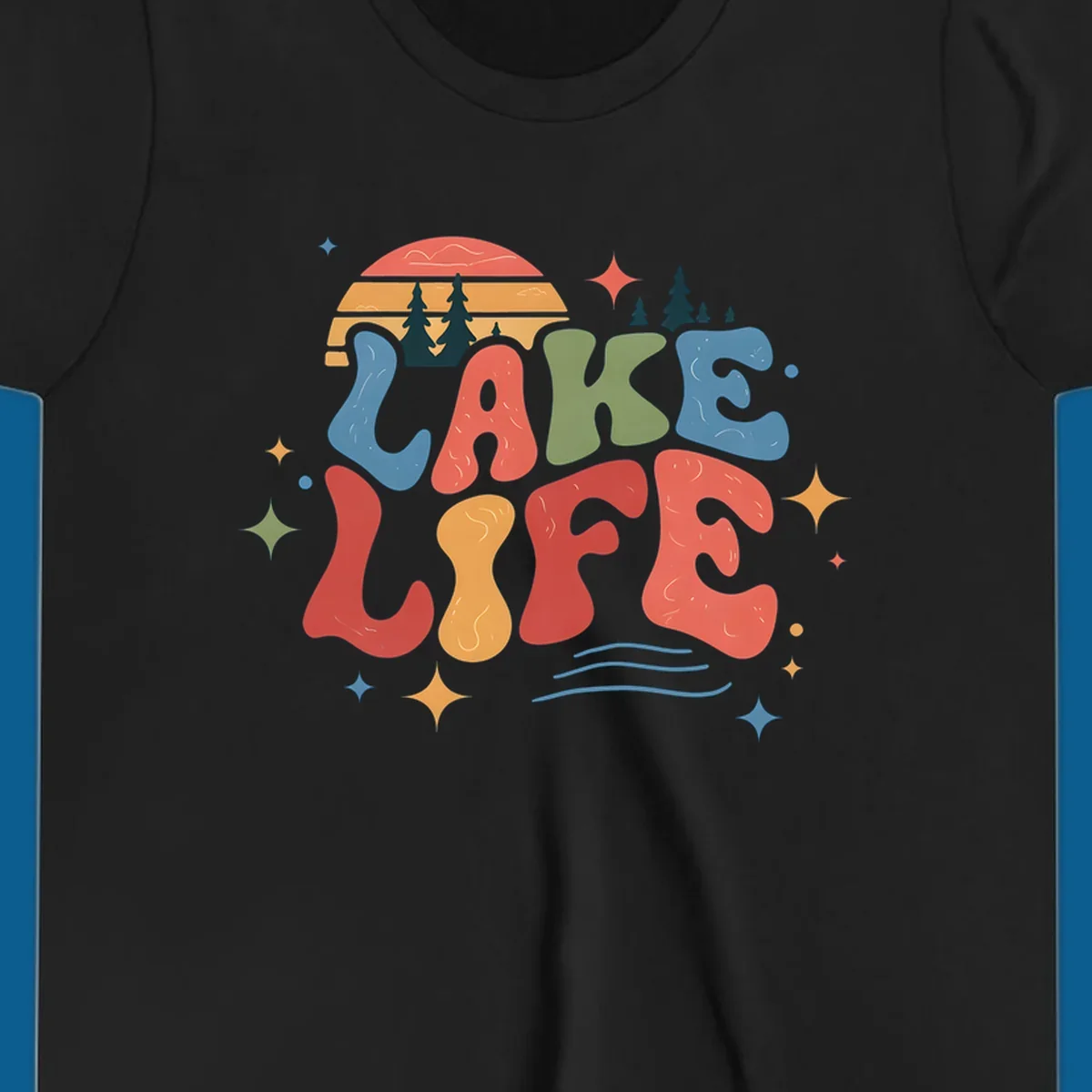 Retro lake life typography design with sunset and stars.