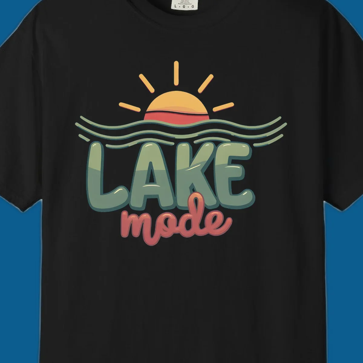 Lake mode text with sun and waves graphic, lake-mode-summer concept.