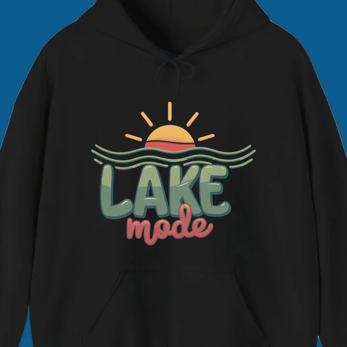 Lake mode text with sun and waves graphic, lake-mode-summer concept.