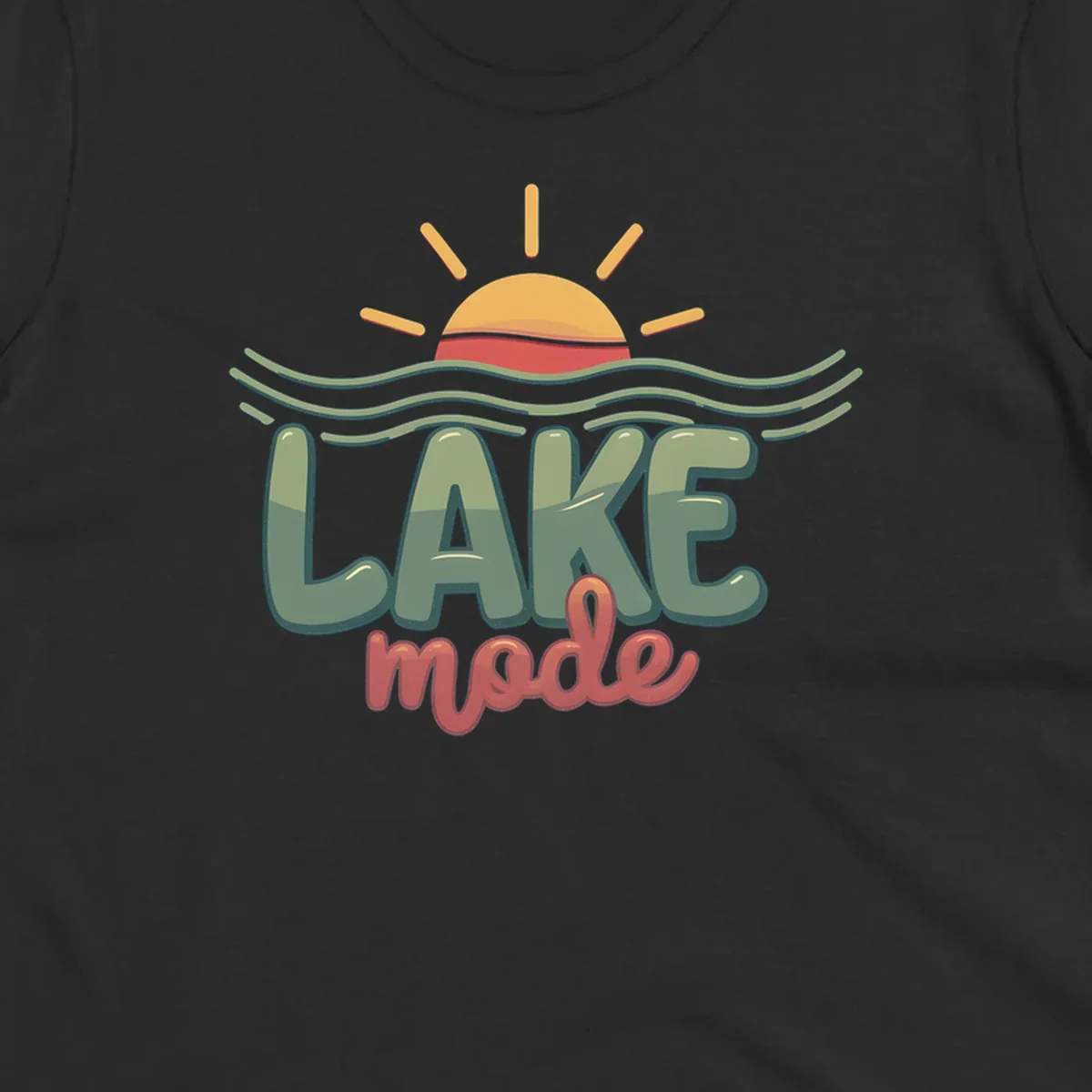 Lake mode text with sun and waves graphic, lake-mode-summer concept.