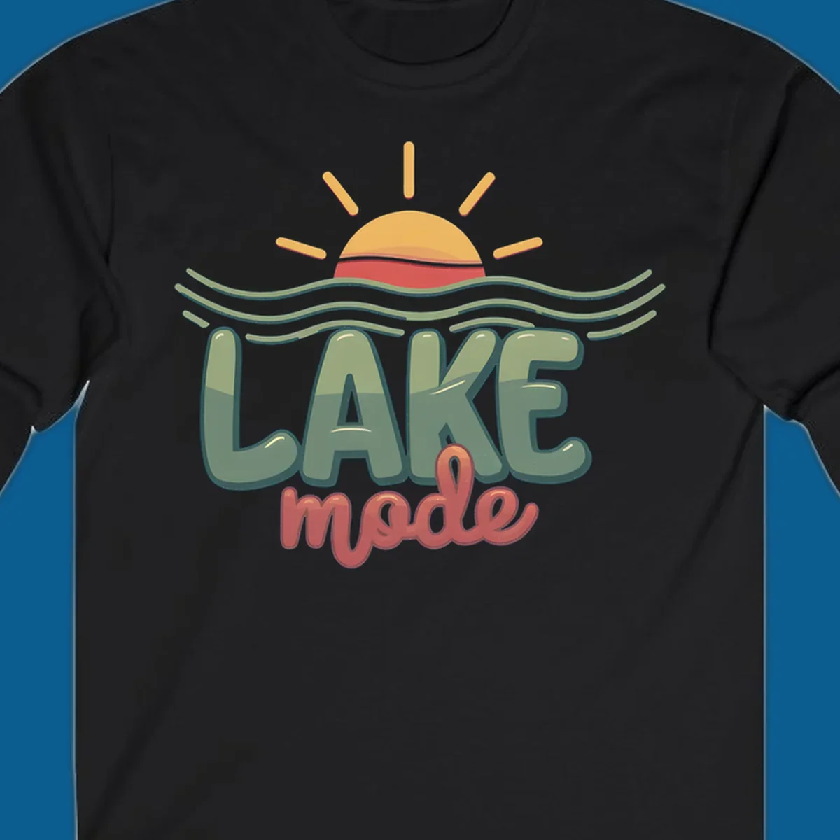 Lake mode text with sun and waves graphic, lake-mode-summer concept.