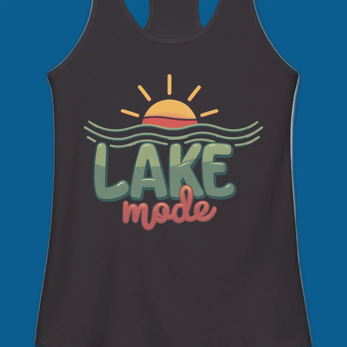 Lake mode text with sun and waves graphic, lake-mode-summer concept.