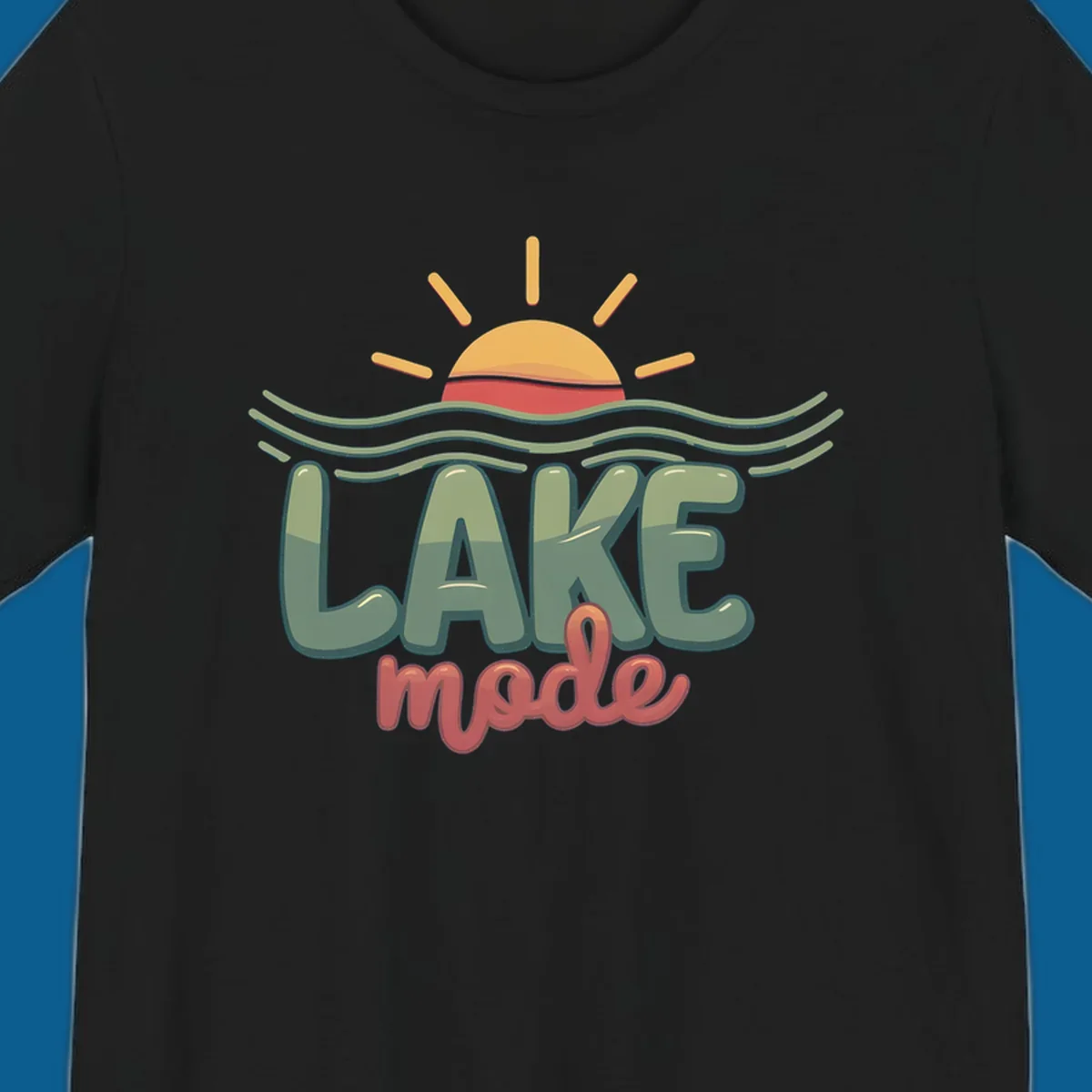 Lake mode text with sun and waves graphic, lake-mode-summer concept.