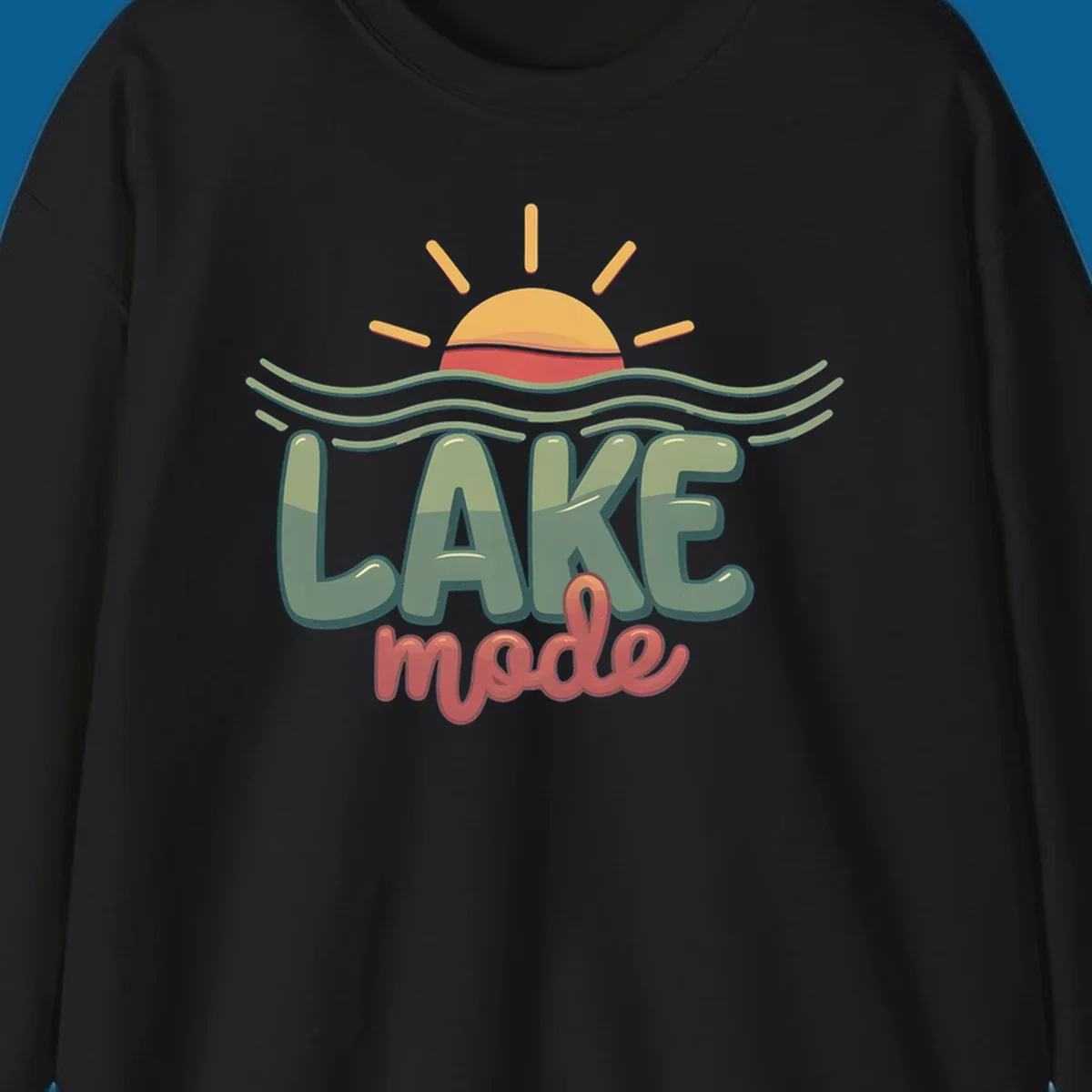 Lake mode text with sun and waves graphic, lake-mode-summer concept.