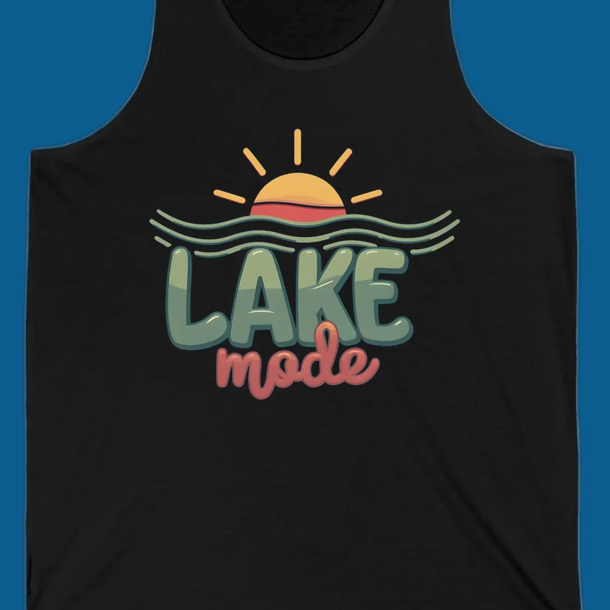 Lake mode text with sun and waves graphic, lake-mode-summer concept.