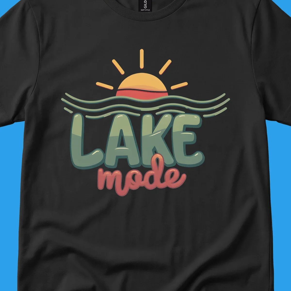 Lake mode text with sun and waves graphic, lake-mode-summer concept.