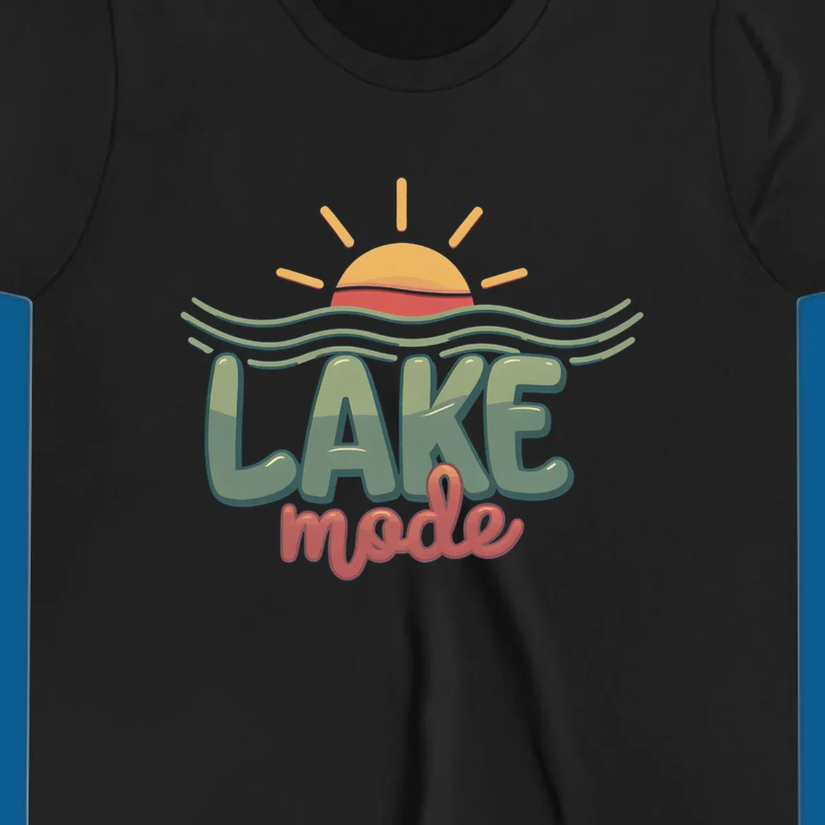 Lake mode text with sun and waves graphic, lake-mode-summer concept.