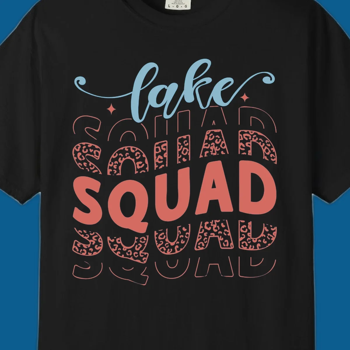 Lake Squad text design with leopard print accents