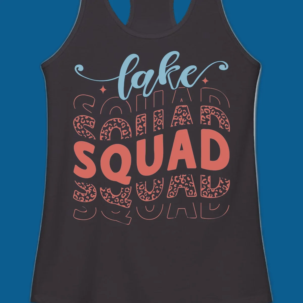 Lake Squad text design with leopard print accents