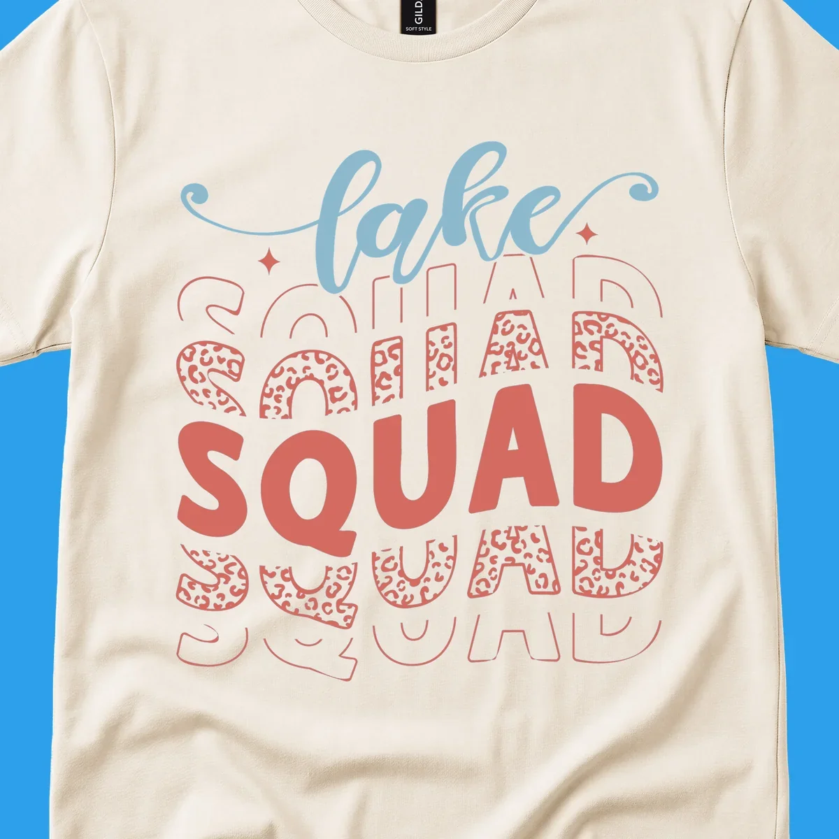 Lake Squad text design with leopard print accents