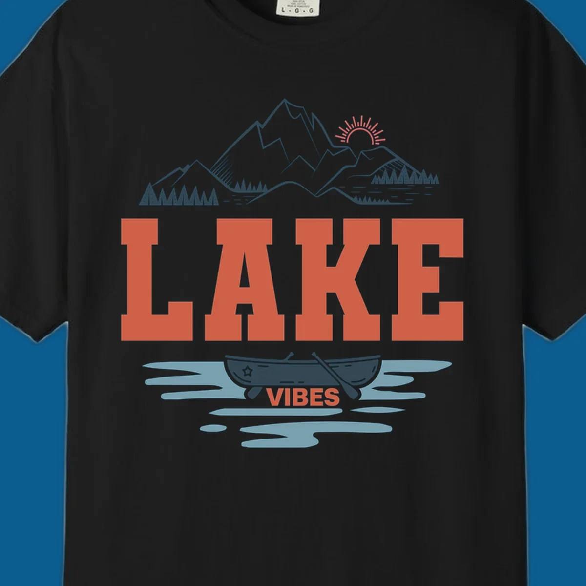 Lake vibes nature design with mountains, canoe, and text.