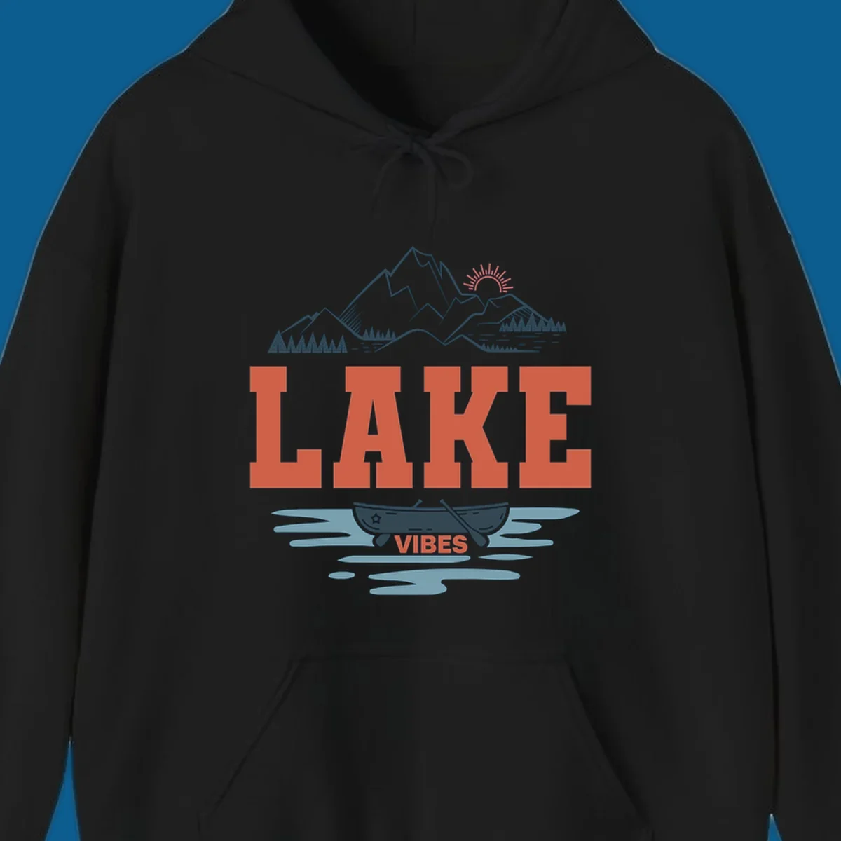 Lake vibes nature design with mountains, canoe, and text.