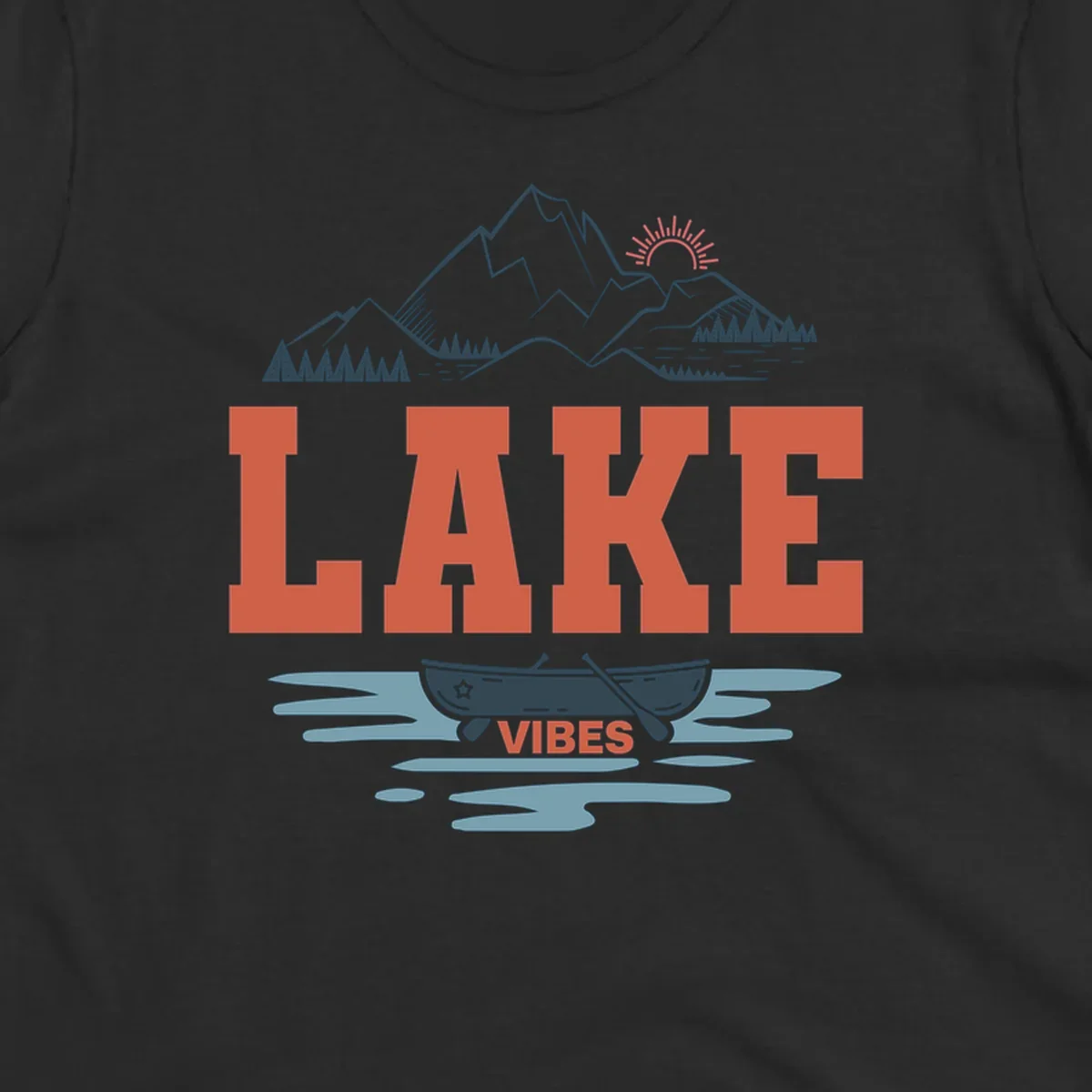 Lake vibes nature design with mountains, canoe, and text.