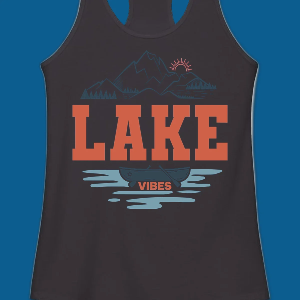 Lake vibes nature design with mountains, canoe, and text.