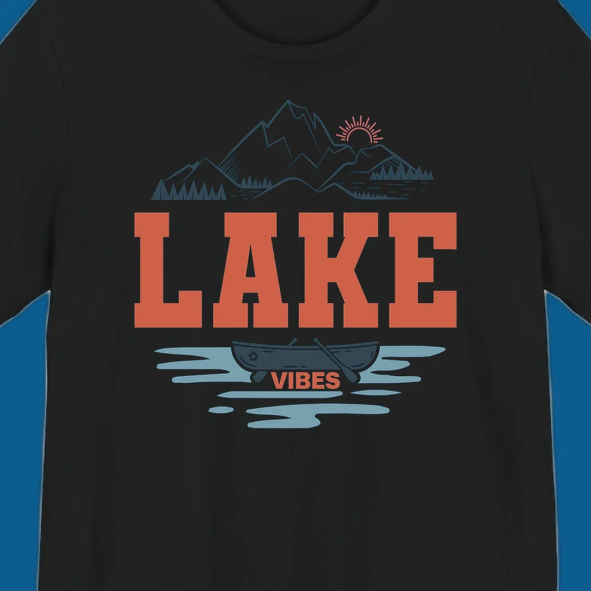 Lake vibes nature design with mountains, canoe, and text.
