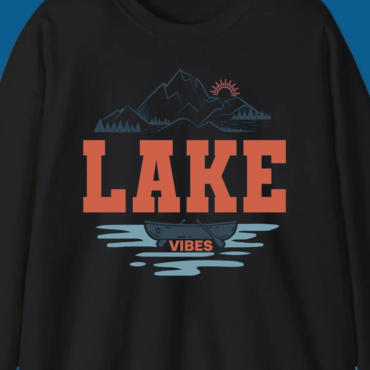 Lake vibes nature design with mountains, canoe, and text.