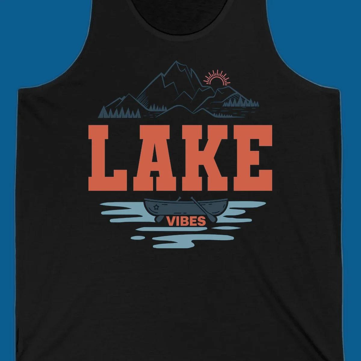 Lake vibes nature design with mountains, canoe, and text.