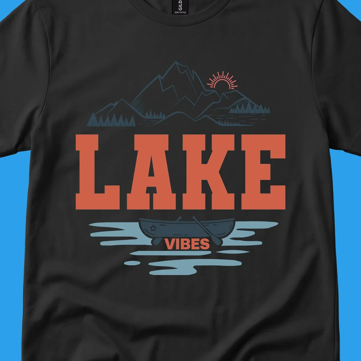 Lake vibes nature design with mountains, canoe, and text.
