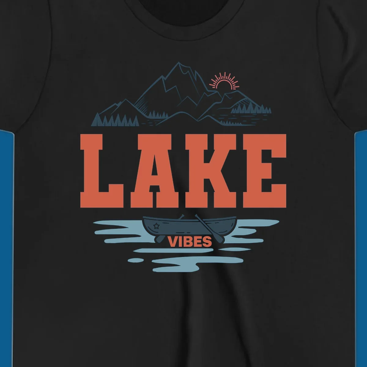 Lake vibes nature design with mountains, canoe, and text.
