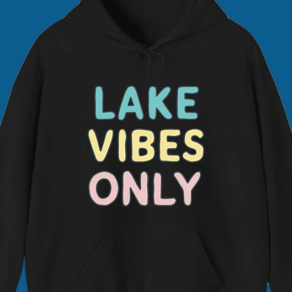 Typography design with the words LAKE VIBES ONLY in pastel colors.