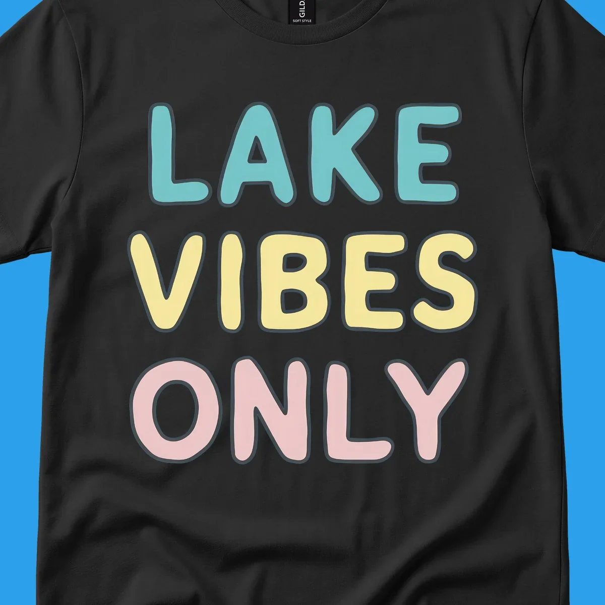 Typography design with the words LAKE VIBES ONLY in pastel colors.