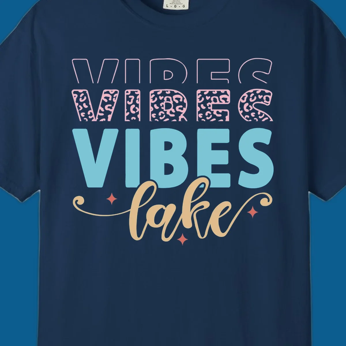 Lake vibes text design with leopard print and script font.