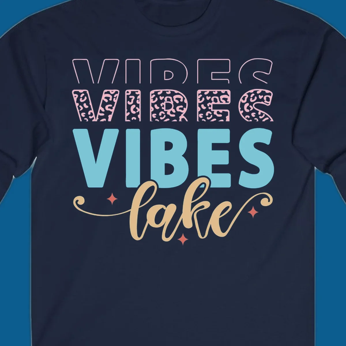 Lake vibes text design with leopard print and script font.