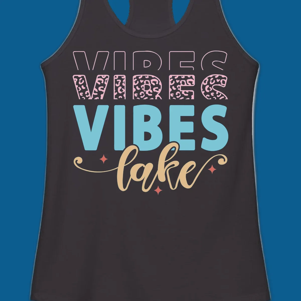 Lake vibes text design with leopard print and script font.
