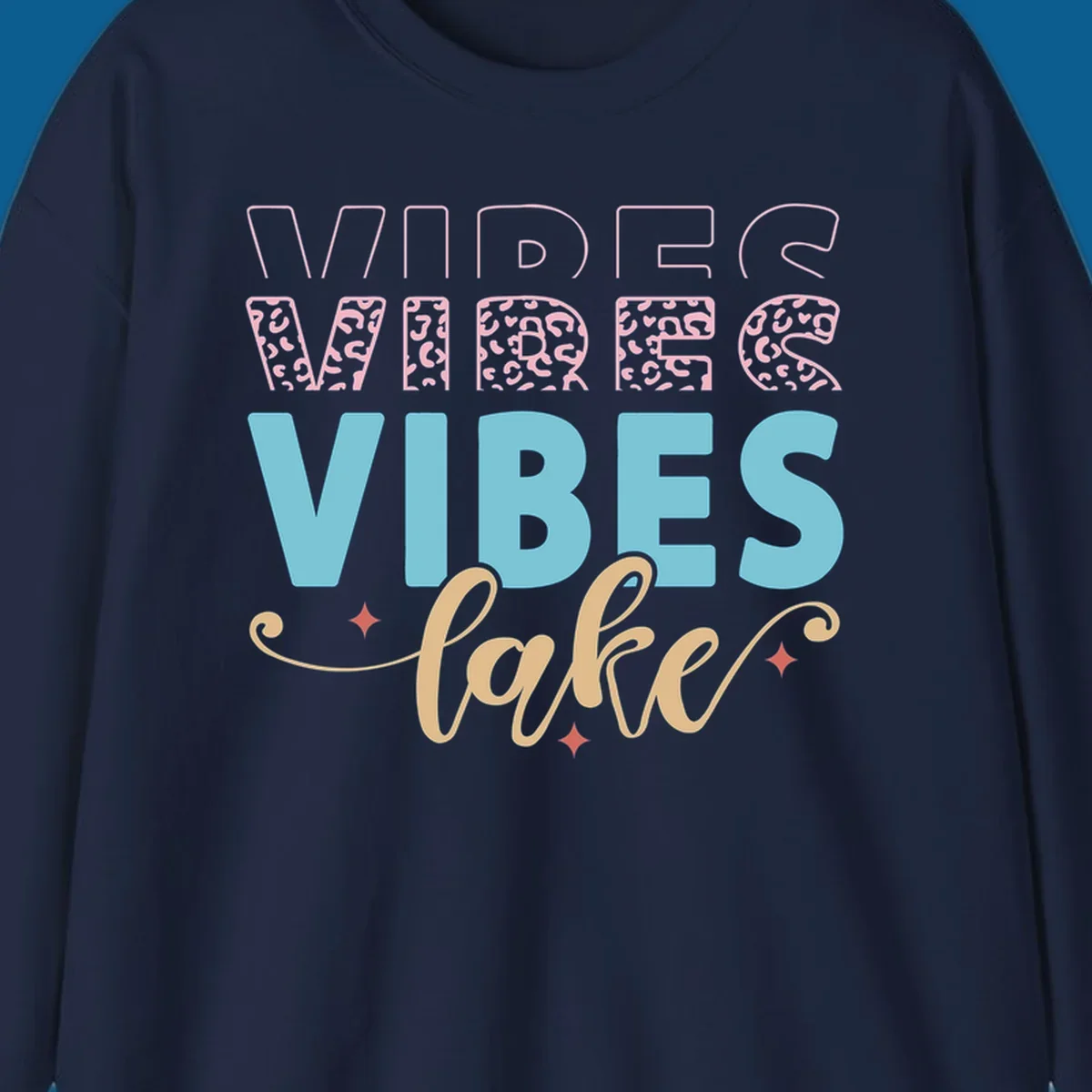 Lake vibes text design with leopard print and script font.