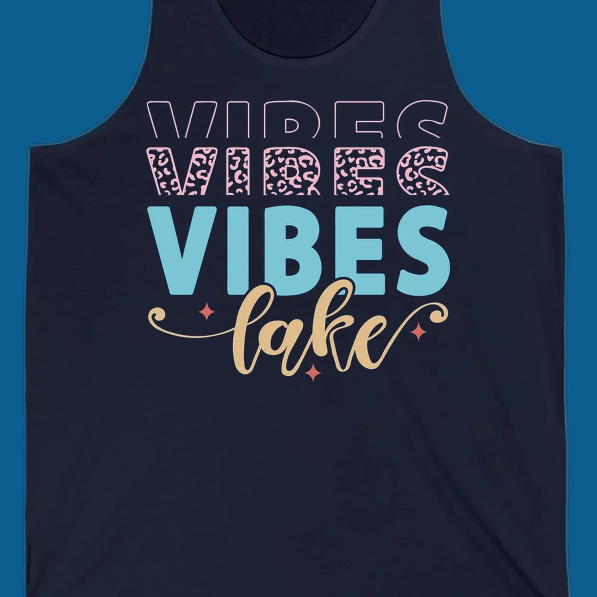 Lake vibes text design with leopard print and script font.