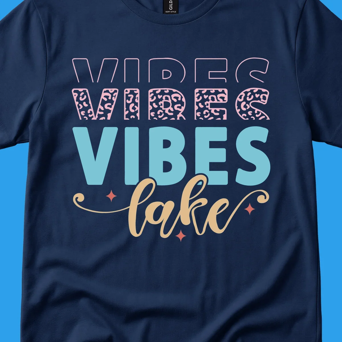 Lake vibes text design with leopard print and script font.