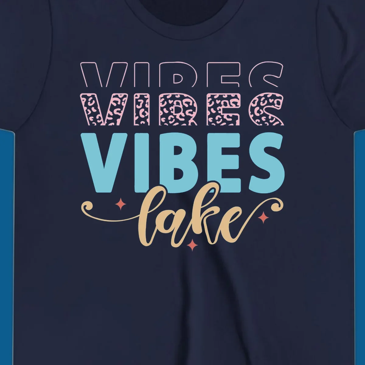 Lake vibes text design with leopard print and script font.
