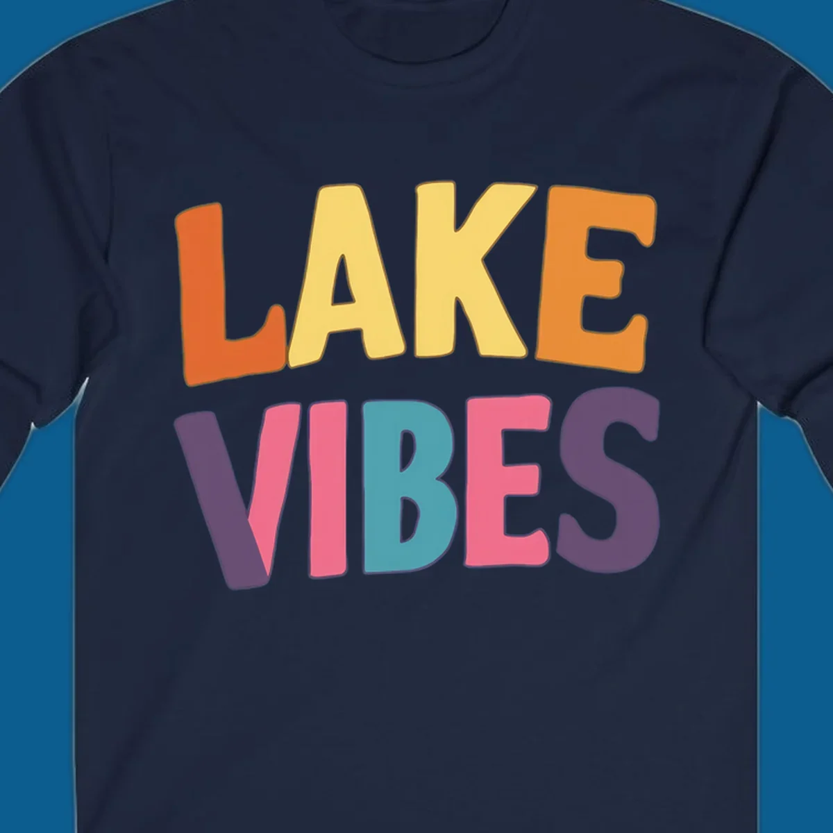 Lake Vibes text design with colorful retro lettering, perfect for lake enthusiasts.