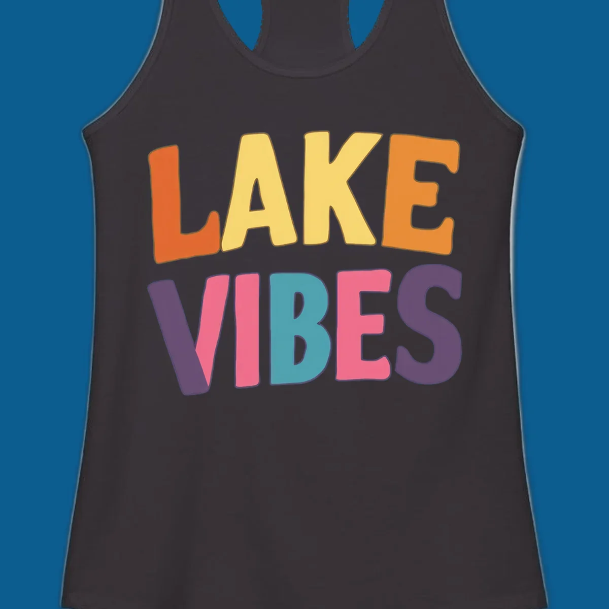 Lake Vibes text design with colorful retro lettering, perfect for lake enthusiasts.